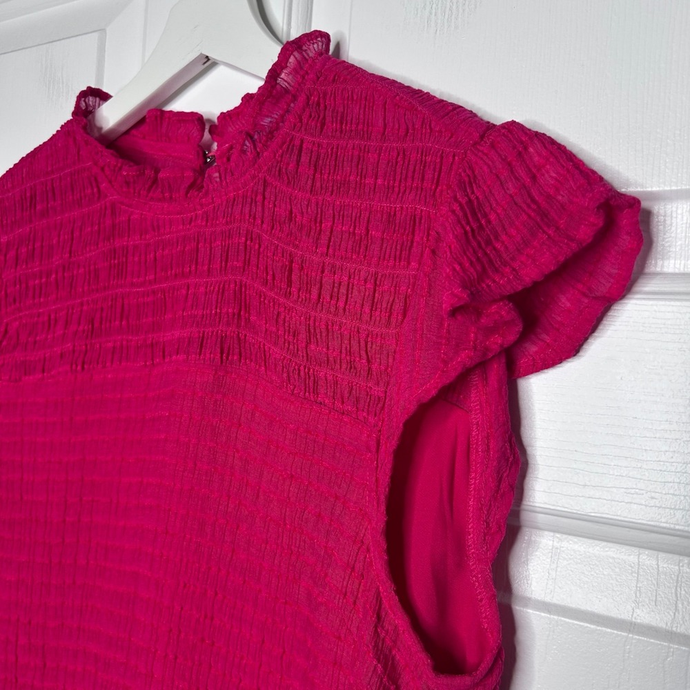 CeCe Ruffle Mock Neck Top Textured Cap Sleeve Blouse Raspberry Pink Size M - Picture 3 of 6